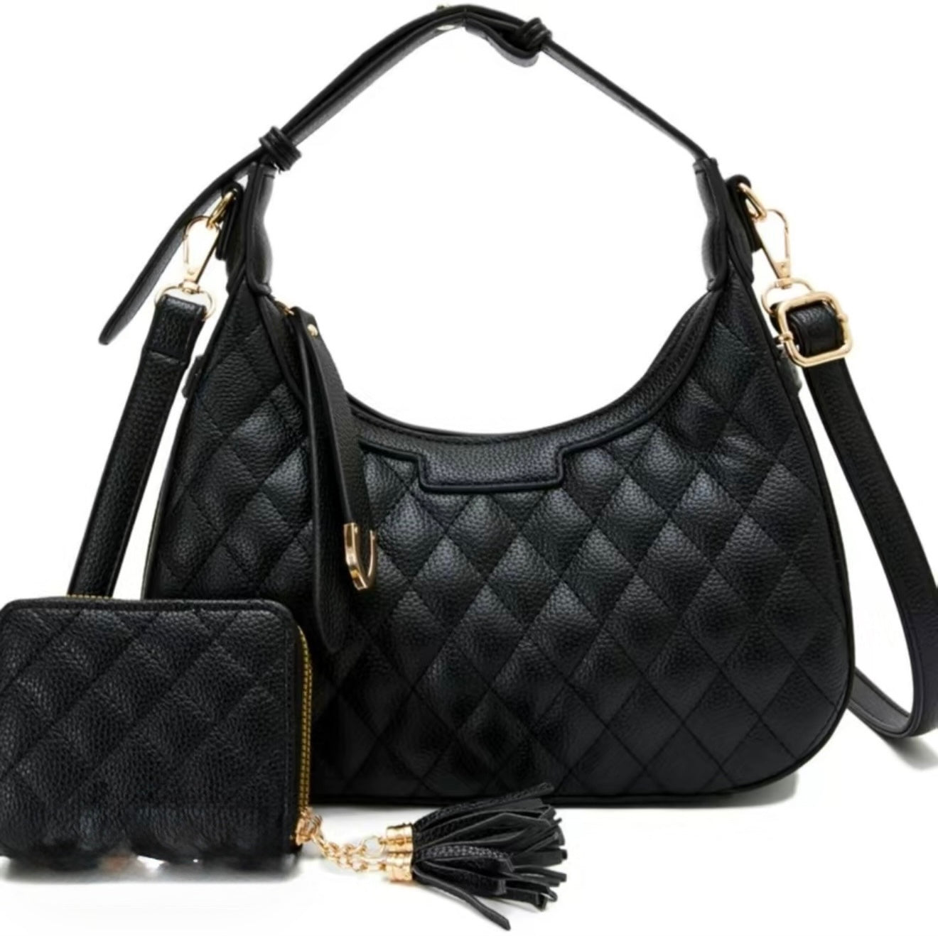 Quilted Hobo Handbag Set with Wallet & Strap