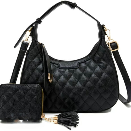 Quilted Hobo Handbag Set with Wallet & Strap