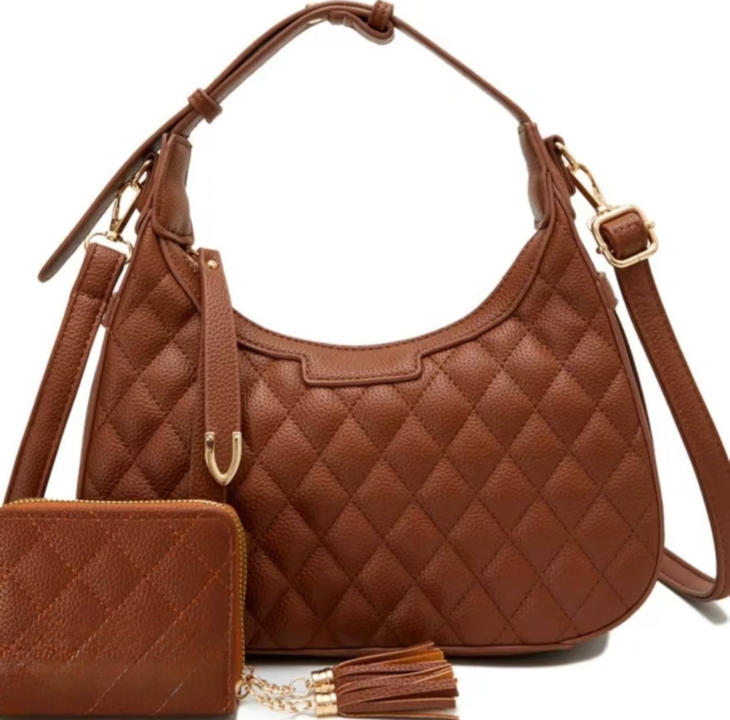 Brown quilted handbag with matching wallet on a white background