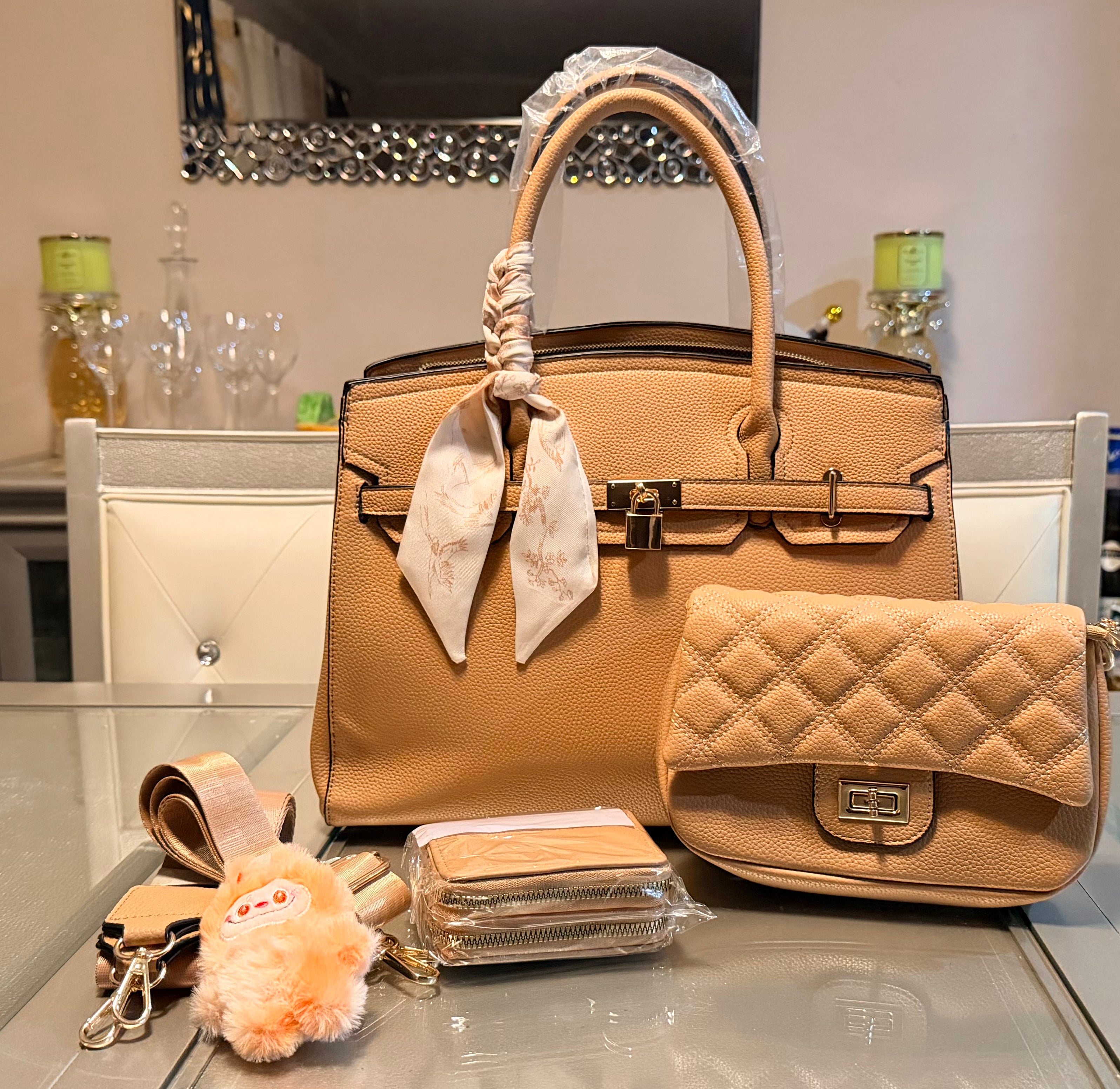 Elegant Structured Tote Set with Quilted Crossbody & Accessories