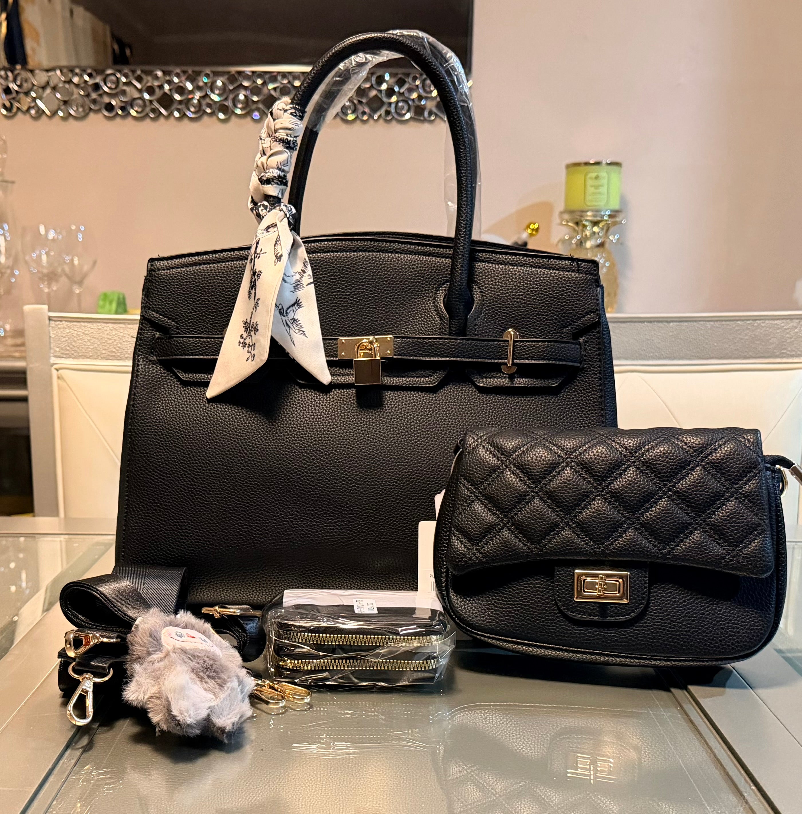 Elegant Structured Tote Set with Quilted Crossbody & Accessories