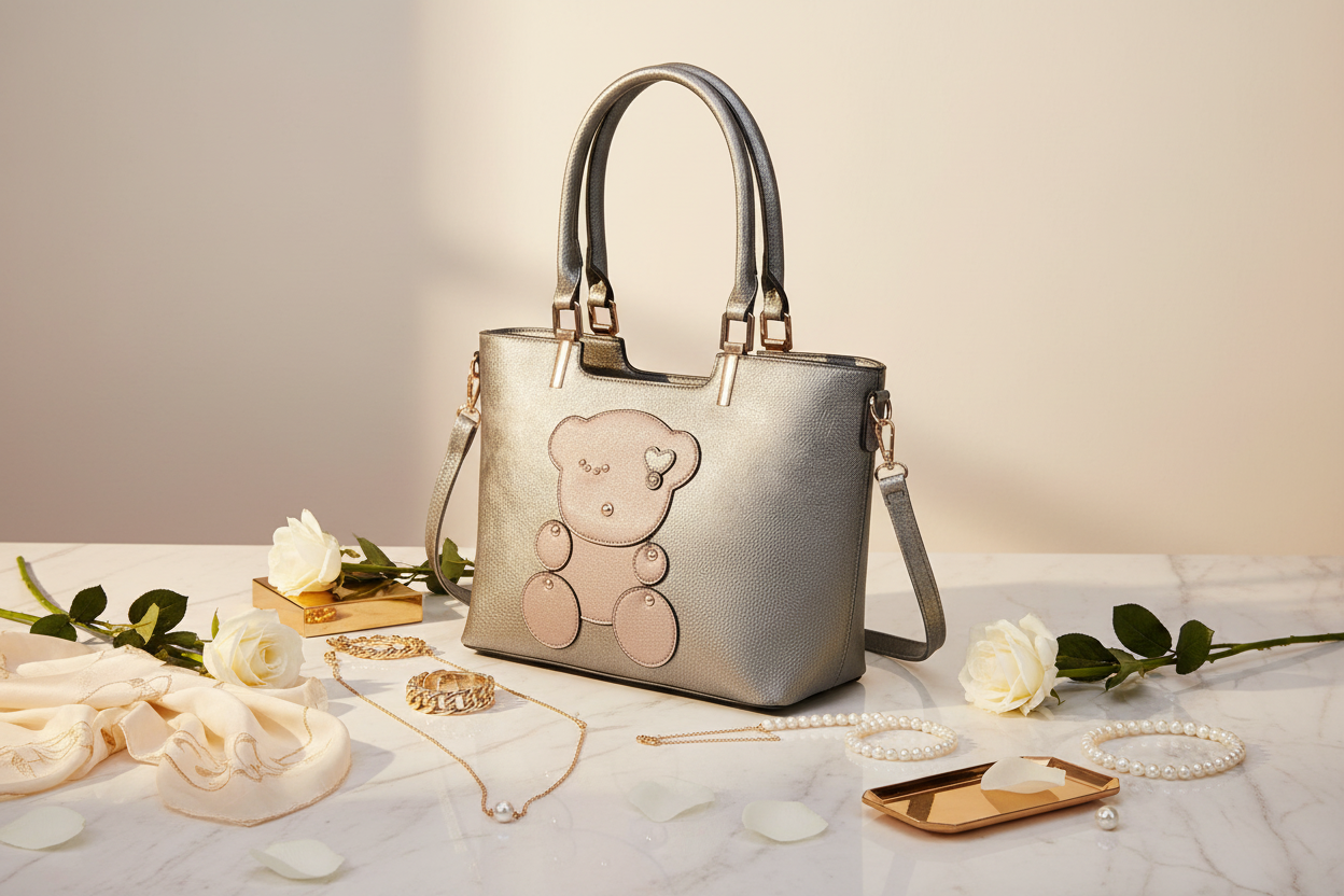 The Metallic Teddy Luxe Tote Set styled on a cream marble surface with gold jewelry, pearls, silk scarf and white flowers