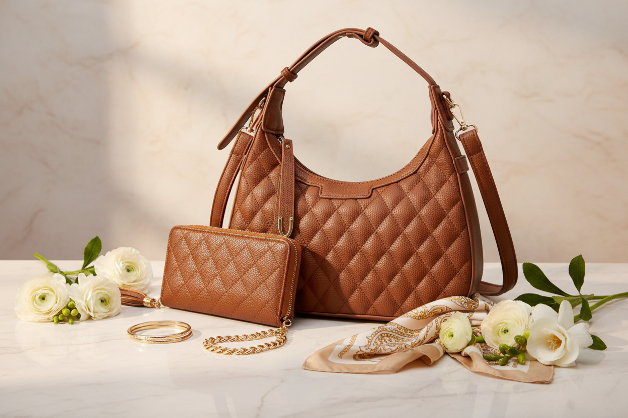 Quilted Hobo Handbag Set with Wallet & Strap styled on a cream marble surface with gold jewelry, silk scarf and white flowers