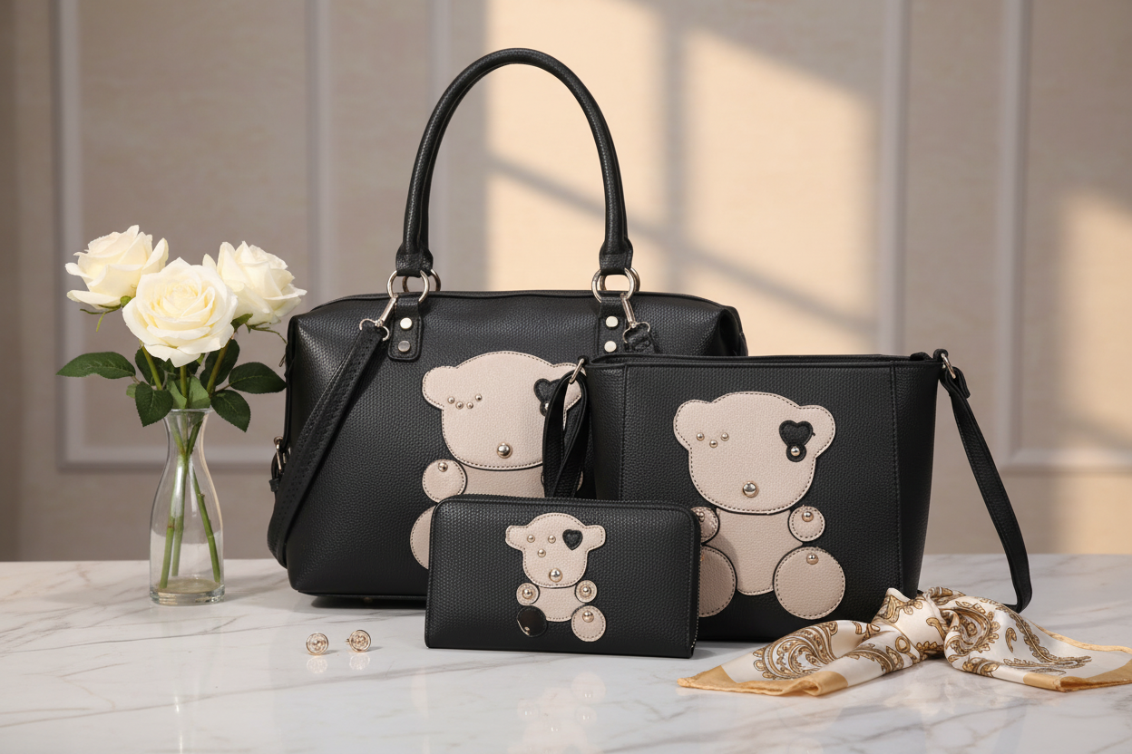 The Teddy Luxe Structured Set styled on a cream marble surface with gold accents, silk scarf and white roses