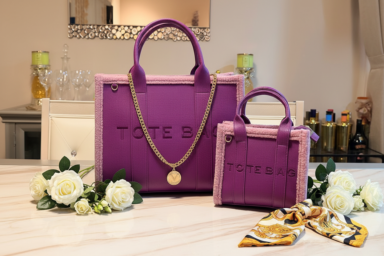 The Trimmed Luxe Tote Set styled on a cream marble surface with gold jewelry, silk scarf and white flowers