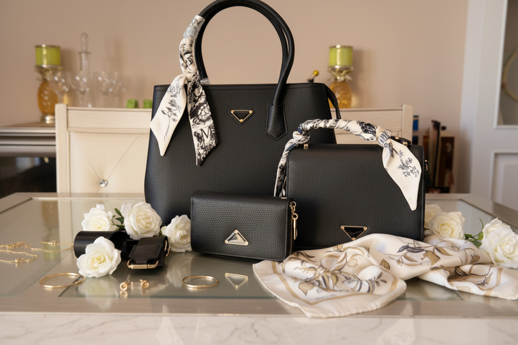 The Structured Luxe Tote Collection styled on a cream marble surface with gold jewelry, silk scarf and white flowers