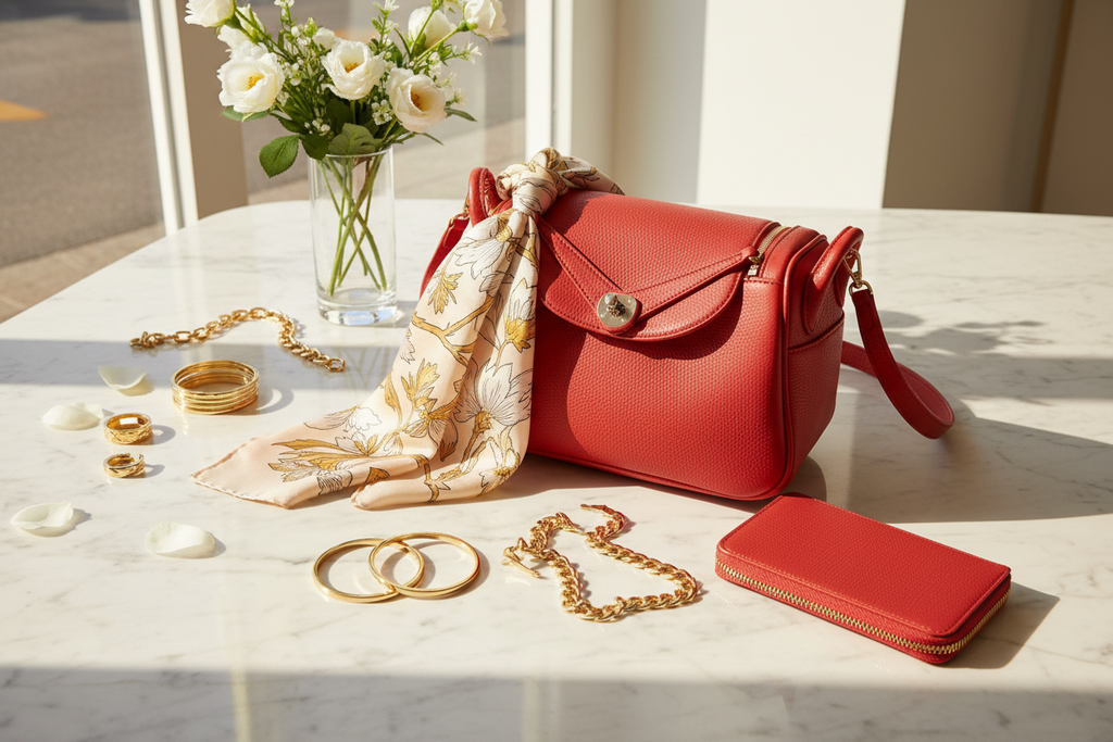 Chic Everyday Shoulder Bag Set styled on a cream marble surface with gold jewelry, silk scarf and white flowers
