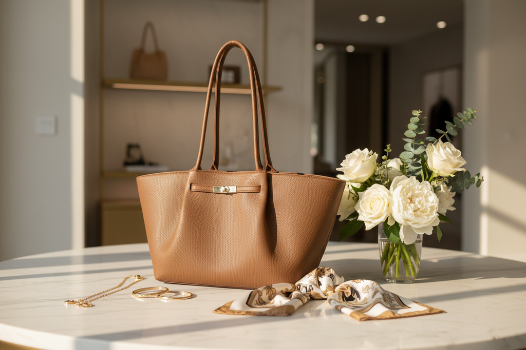 Everyday Luxe Tote Bag styled on a cream marble surface with gold jewelry, silk scarf and white flowers