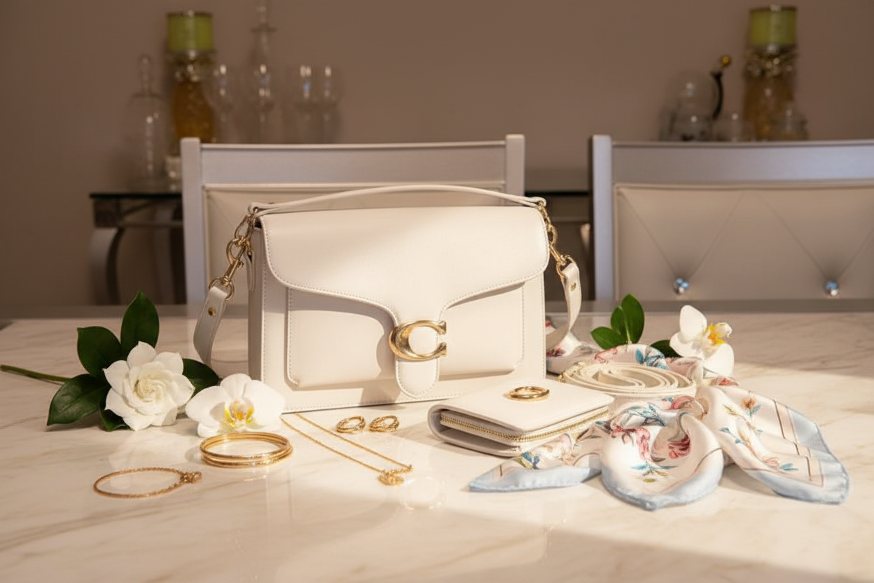 The Signature Crossbody Set styled on a cream marble surface with gold jewelry, silk scarf and white flowers
