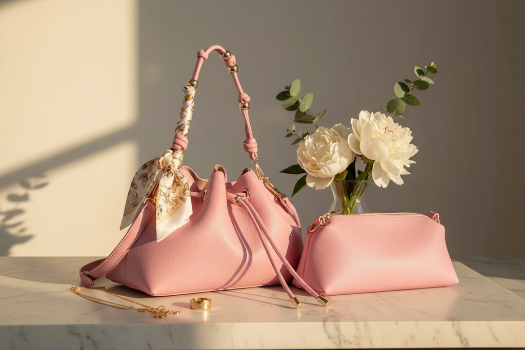 The Refined 2-Piece Drawstring Collection styled on a cream marble surface with gold jewelry, silk scarf and white flowers