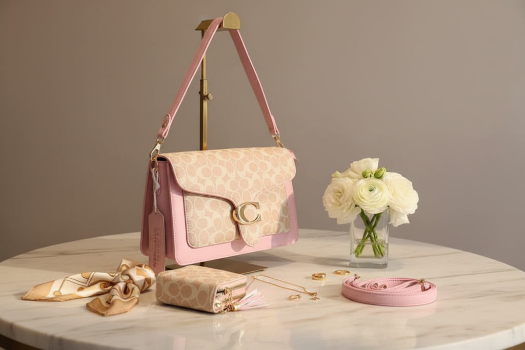 The Classic Structured Handbag Set styled on a cream marble surface with gold jewelry, silk scarf and white flowers