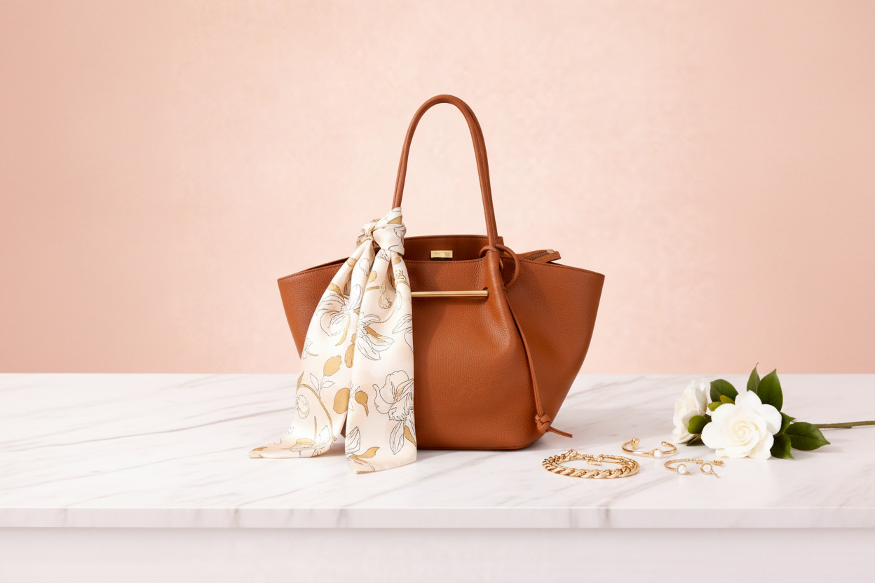 The Signature Luxe Tote styled on a cream marble surface with gold jewelry, silk scarf and white flowers