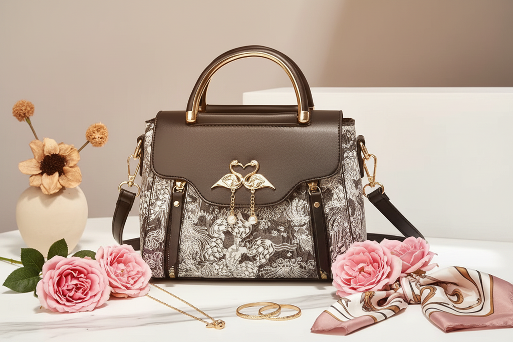 Elegant Luxe Floral Satchel styled on a cream marble surface with gold jewelry, pink roses and silk scarf
