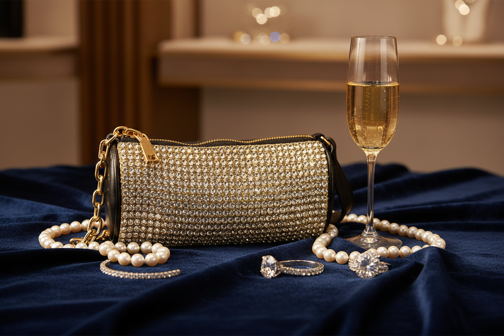 The Bejeweled Minaudière rhinestone clutch styled on dark velvet with diamond jewelry, pearls and champagne glass