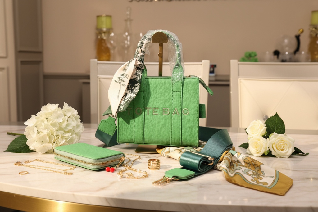 The Petite Luxe Tote Set styled on a cream marble surface with gold jewelry, silk scarf and white flowers