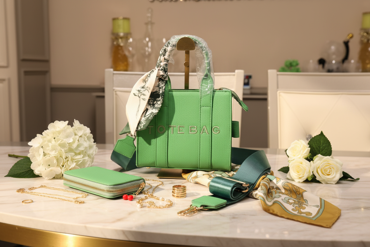 The Petite Luxe Tote Set styled on a cream marble surface with gold jewelry, silk scarf and white flowers