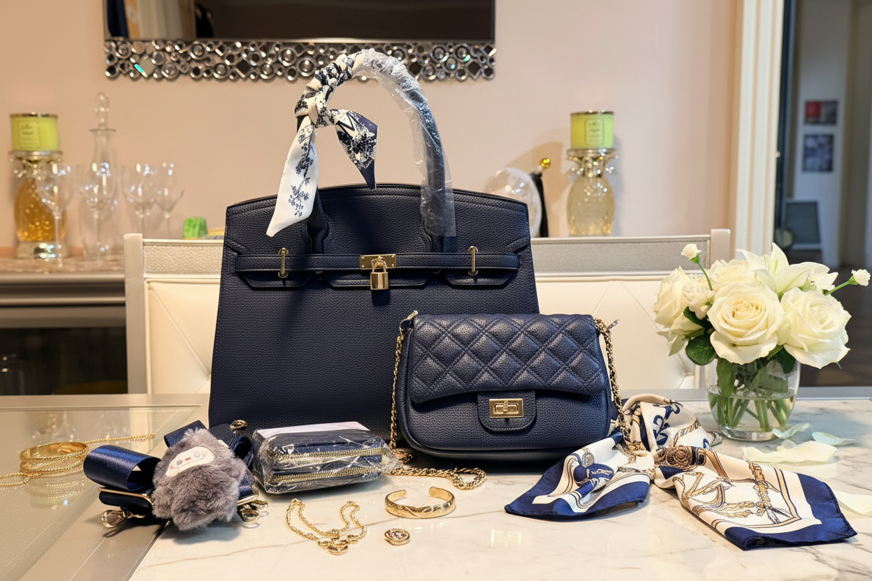 Elegant Structured Tote Set with Quilted Crossbody styled on a cream marble surface with gold jewelry, silk scarf and white flowers