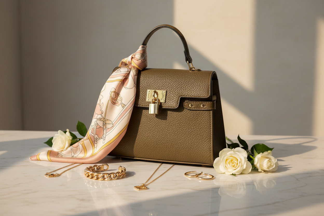 The Sovereign Lock Satchel styled on a cream marble surface with gold jewelry, silk scarf and white flowers