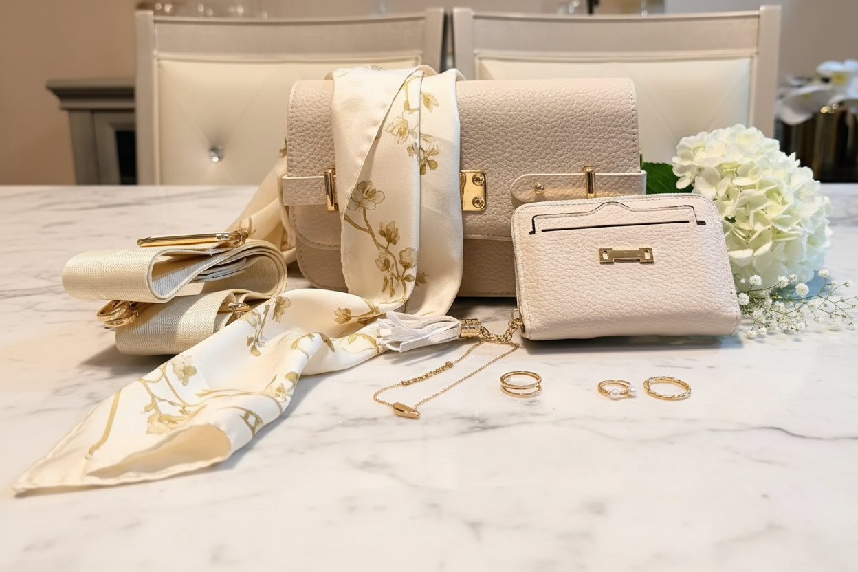 The Gold Hardware Crossbody Collection styled on a cream marble surface with gold jewelry, silk scarf and white flowers
