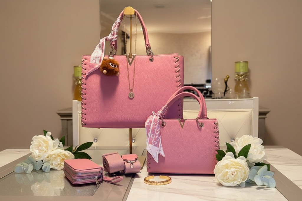 The Luxe Tote Trio styled on a cream marble surface with gold jewelry, silk scarf and white flowers