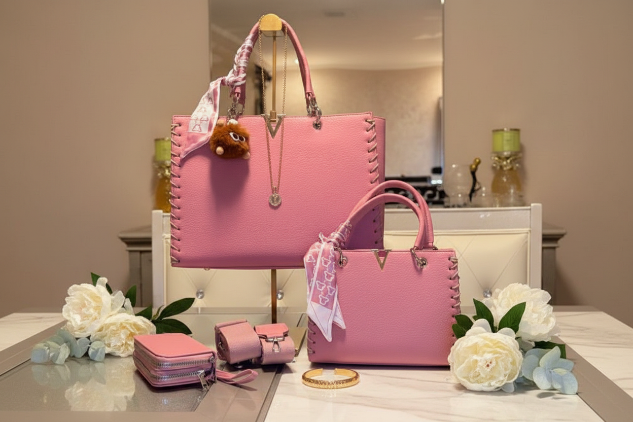 The Luxe Tote Trio styled on a cream marble surface with gold jewelry, silk scarf and white flowers