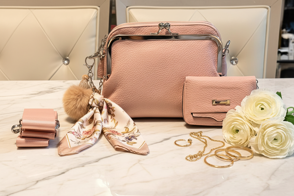 Luxe Everyday Crossbody Set styled on a cream marble surface with gold jewelry, silk scarf and white flowers