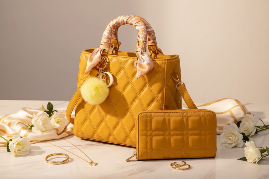 Quilted Luxe Tote Set in Cognac styled on a cream marble surface with gold jewelry, silk scarf and white flowers