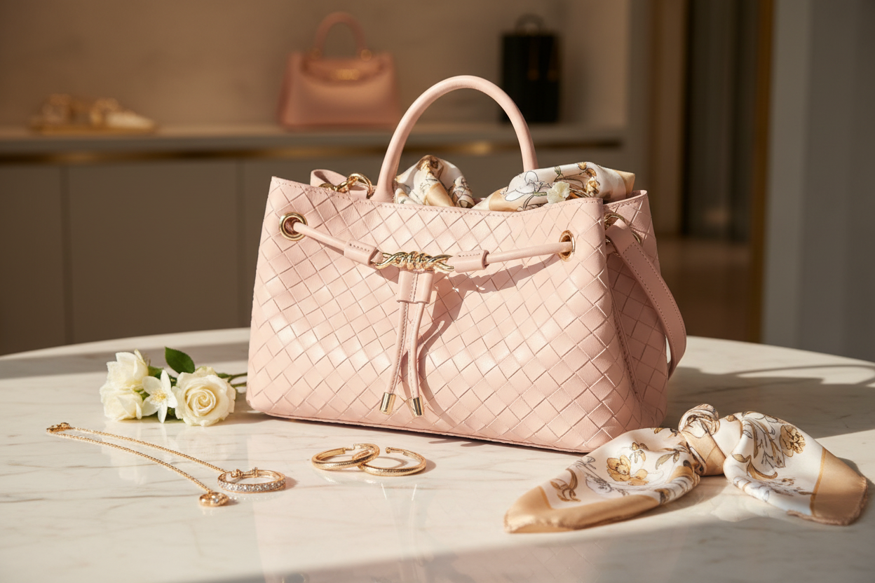Woven Luxe Handbag styled on a cream marble surface with gold jewelry, silk scarf and white flowers