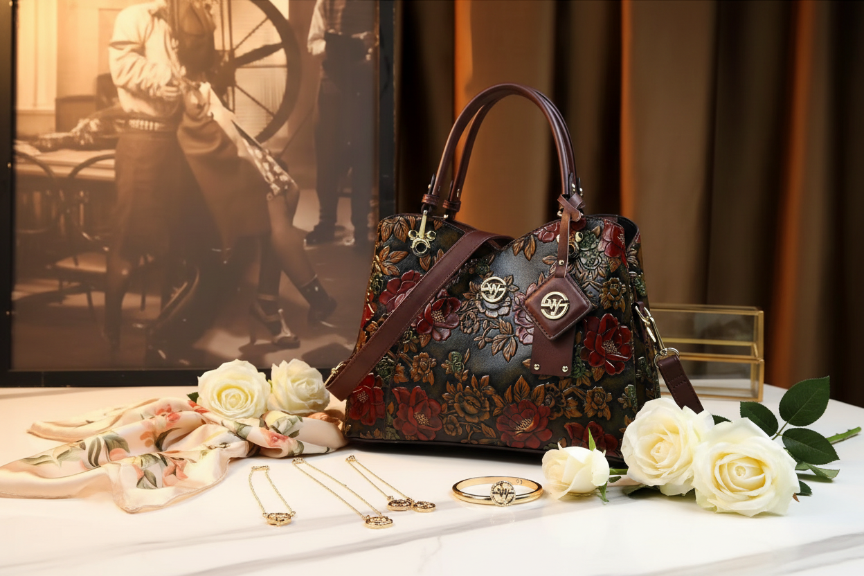 Vintage Luxe Floral Handbag styled on a cream marble surface with gold jewelry, silk scarf and white roses