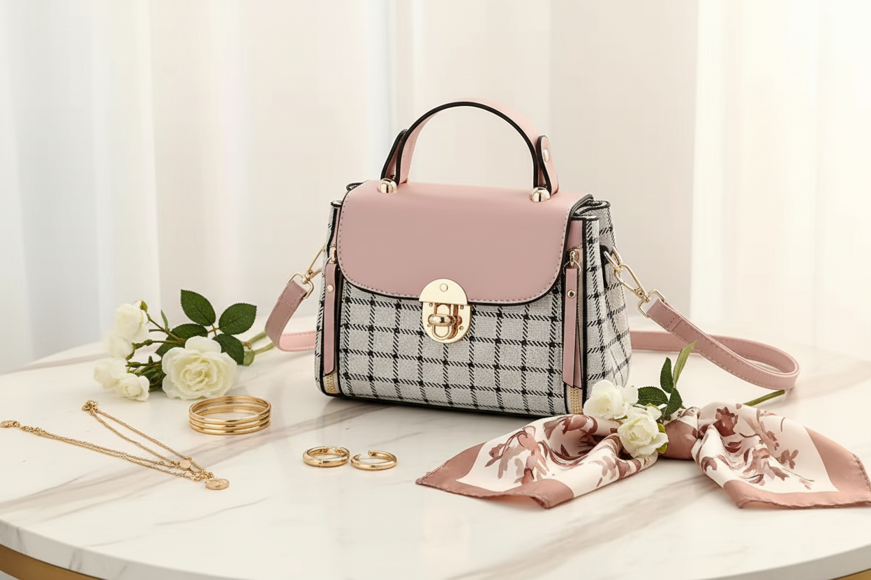 Chic Check Mini Satchel styled on a cream marble surface with gold jewelry, silk scarf and white flowers