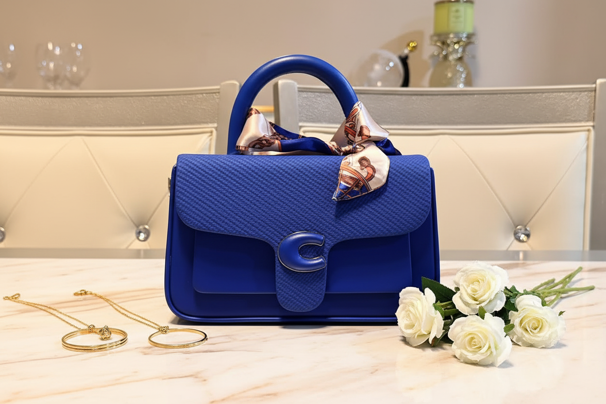 Elegant Top Handle Crossbody Set styled on a cream marble surface with gold jewelry, silk scarf and white flowers