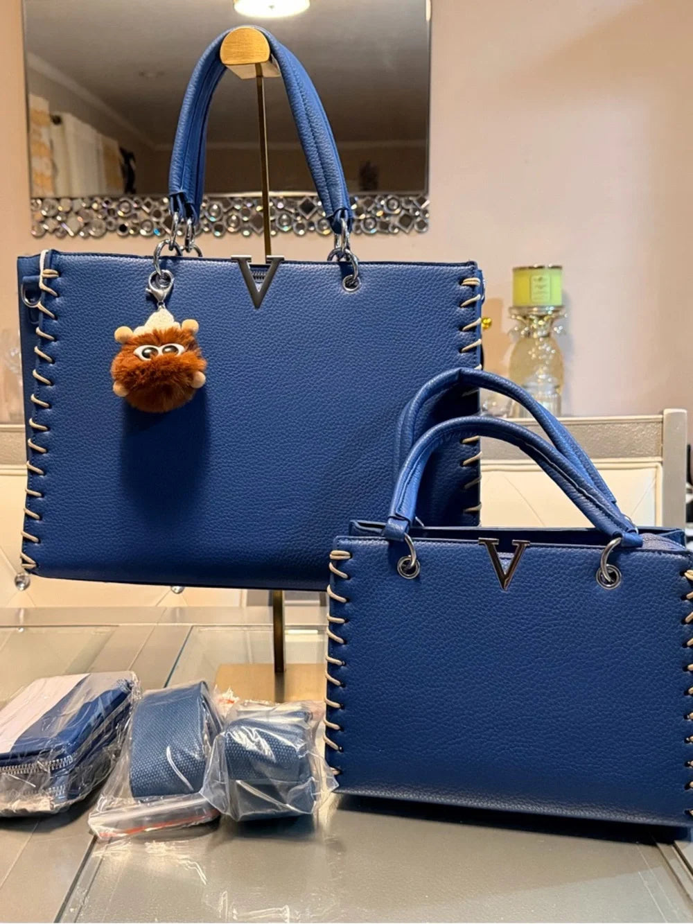 Luxe V-Stitch Handbag Set in Navy Blue