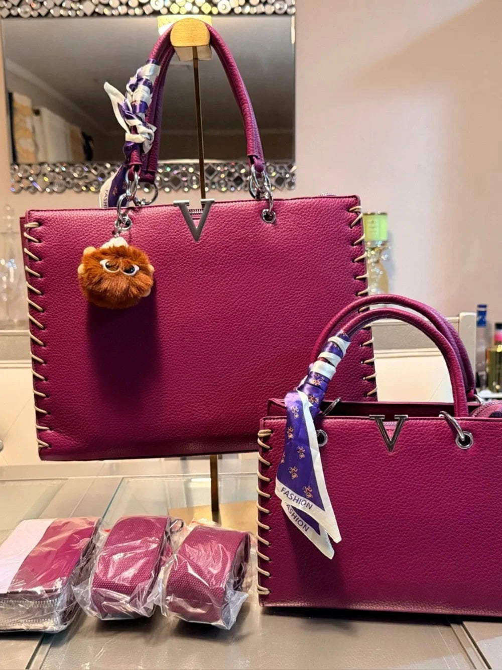 Luxe V-Stitch Handbag Set in Berry