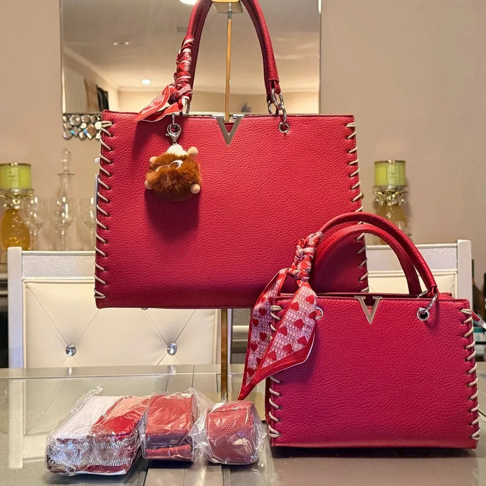 Luxe V-Stitch Handbag Set in Red