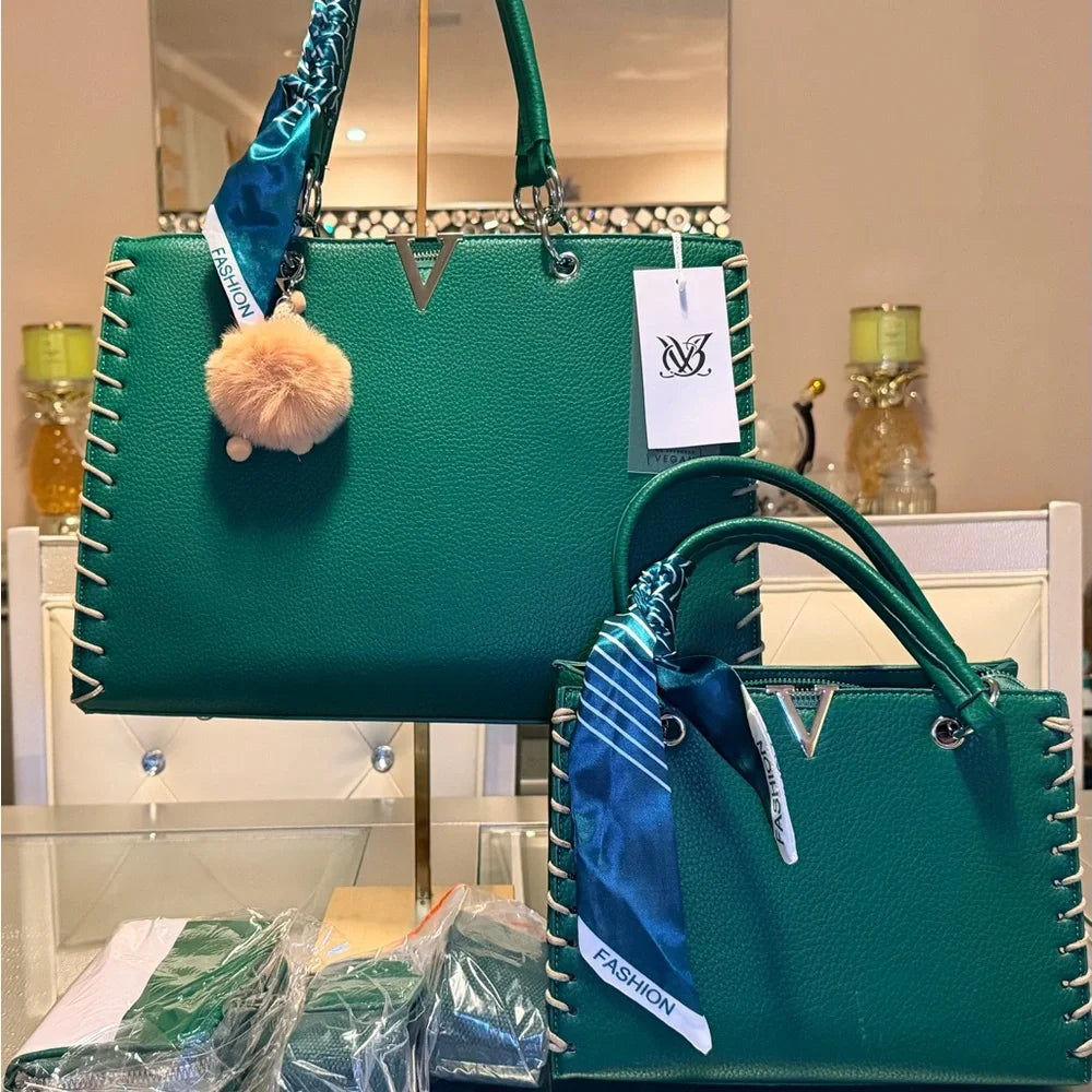 Luxe V-Stitch Handbag Set in Green