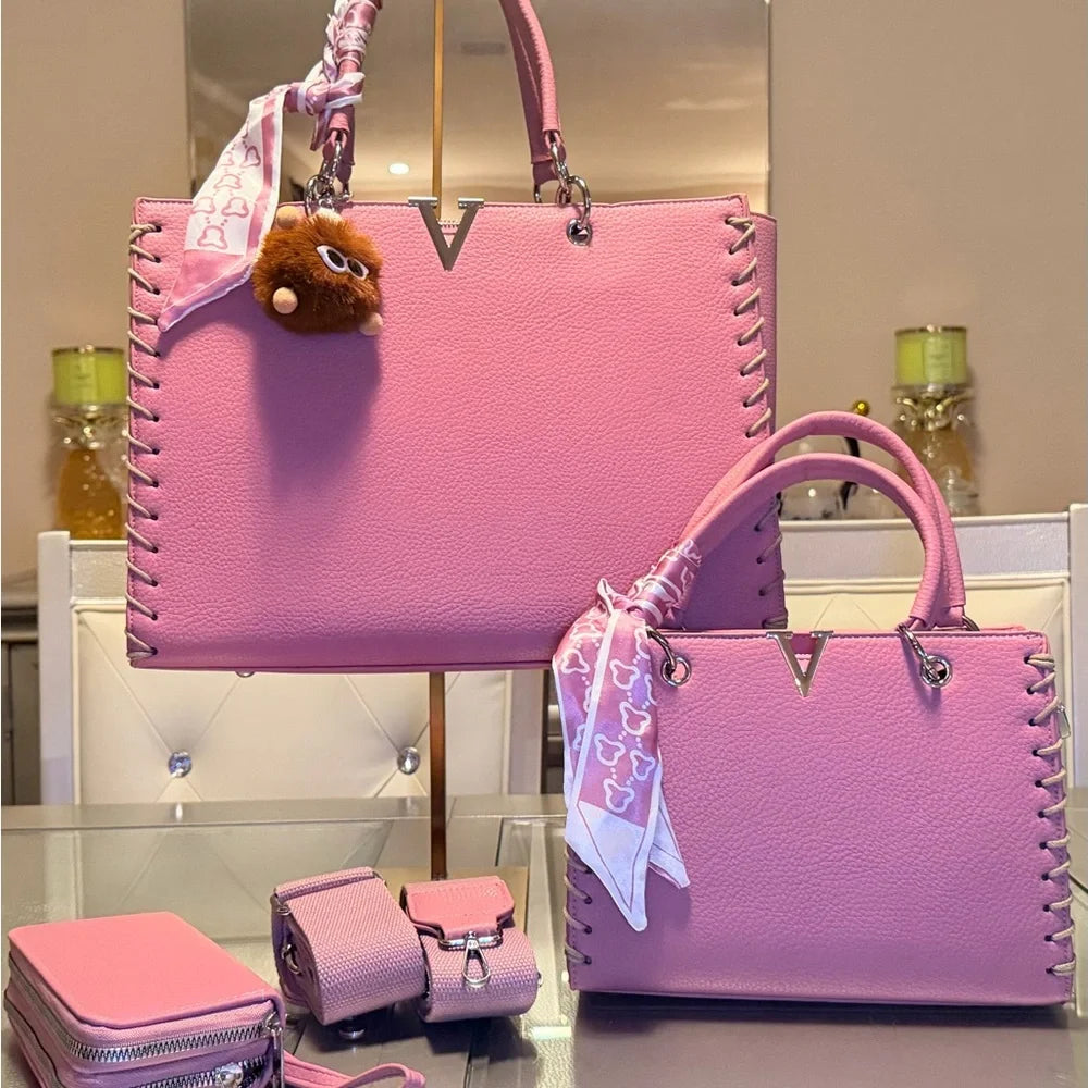 Luxe V-Stitch Handbag Set in Pink